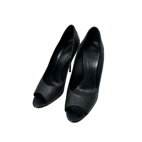 Gucci Size 9/39 Guccissima Black Leather Logo Open Toe Pumps - Picture 2 of 8